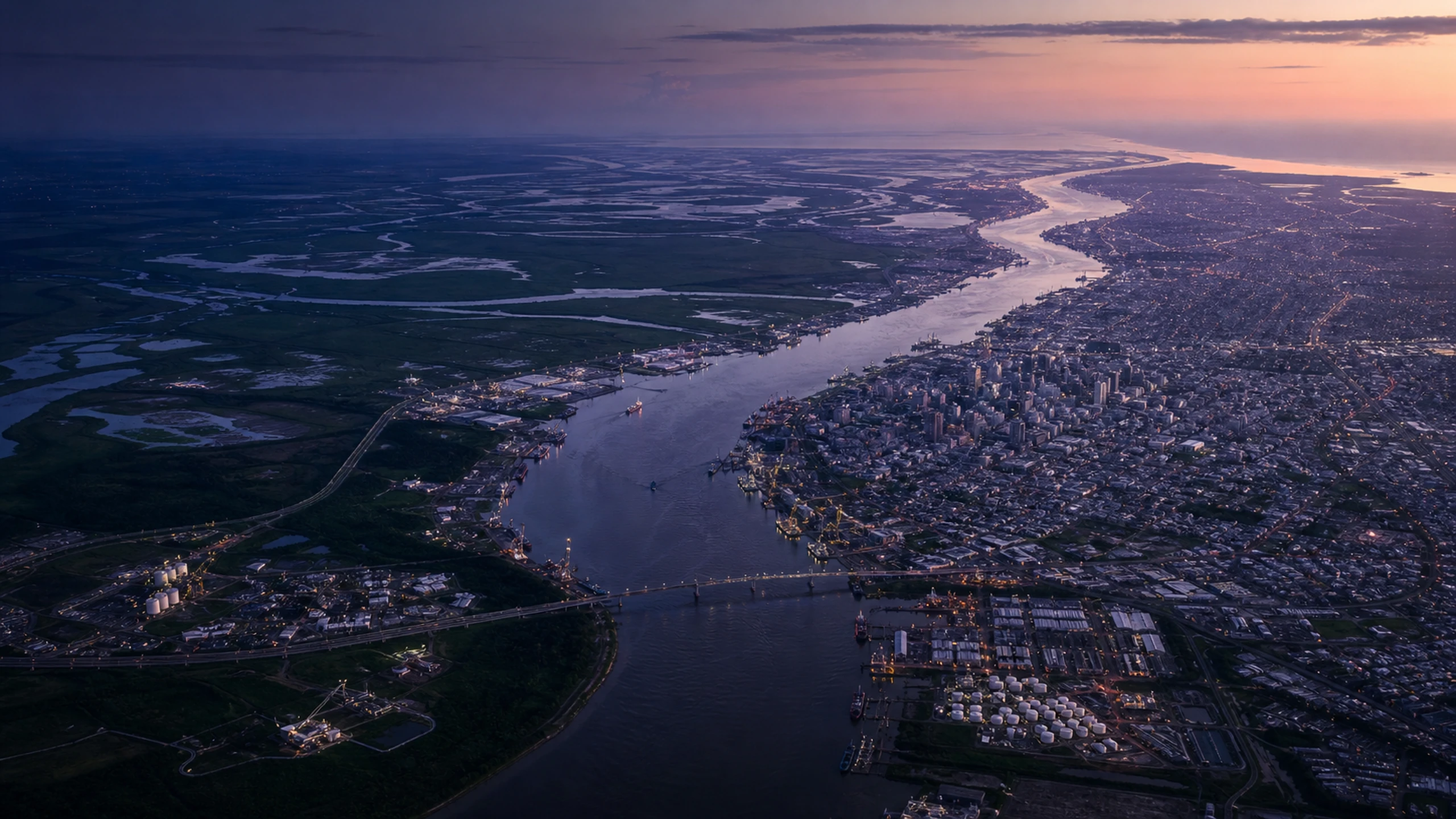 Vista conceptual de un corredor fluvial con áreas urbanas, vegetación e infraestructura